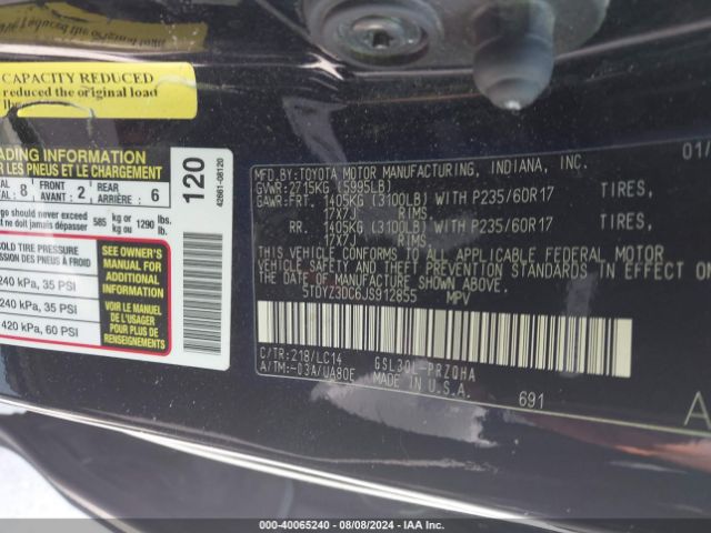5TDYZ3DC6JS912855 Toyota Sienna Xle 8 Passenger