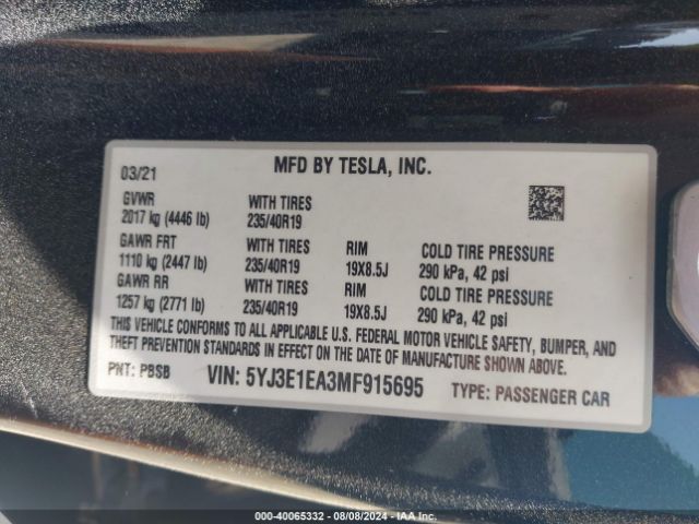 5YJ3E1EA3MF915695 Tesla Model 3 Standard Range Plus Rear-wheel Drive