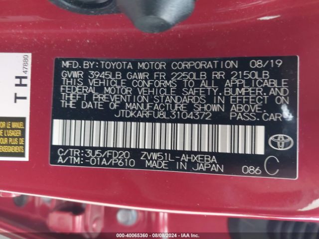 JTDKARFU8L3104372 Toyota Prius Le