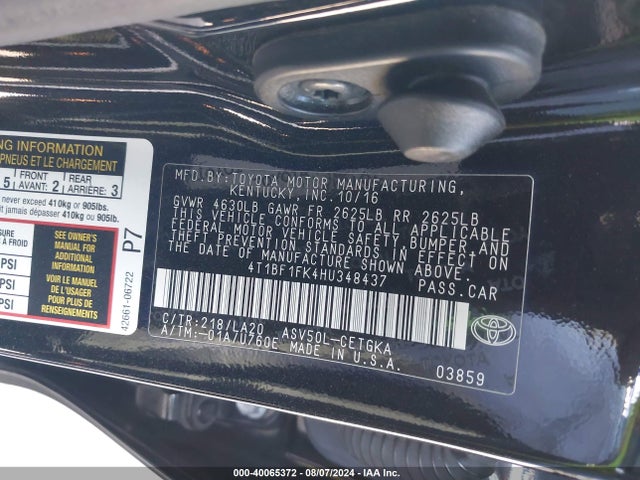Toyota CAMRY XLE 2017 4T1BF1FK4HU348437 Image 9