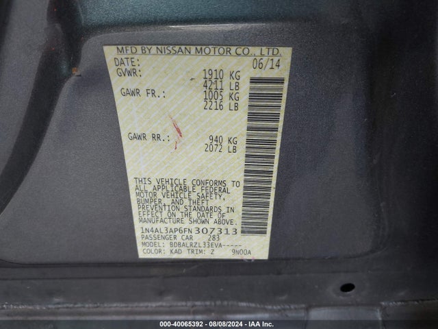 Nissan Altima 2.5 Sl 2015 1N4AL3AP6FN307313 Image 9