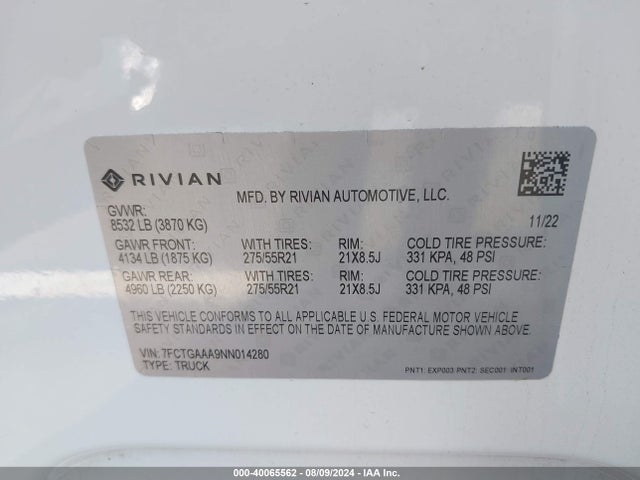 Rivian R1t Adventure 2022 7FCTGAAA9NN014280 Image 9