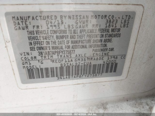 3N1AB7AP8FY275877 Nissan Sentra S/sv/sr/sl