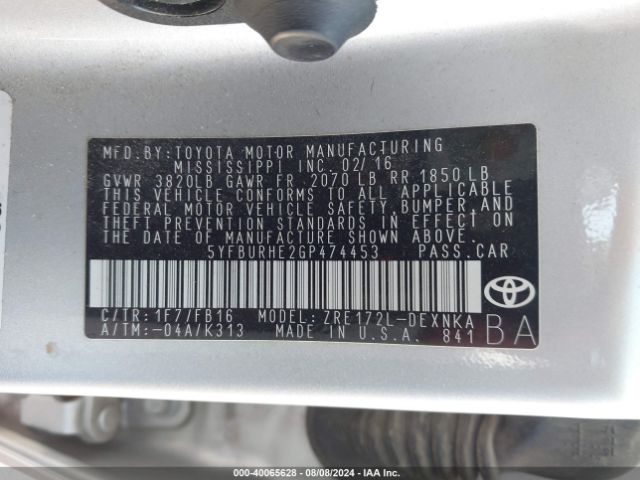 5YFBURHE2GP474453 Toyota Corolla L/le/le Pls/prm/s/s Pls