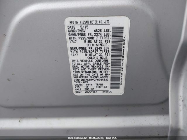 JN8AS5MV2FW764623 Nissan Rogue Select S