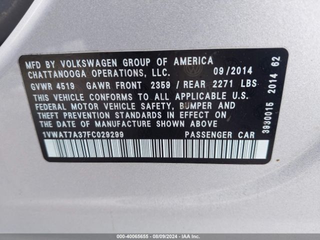 1VWAT7A37FC029299 Volkswagen Passat 1.8t Wolfsburg Edition