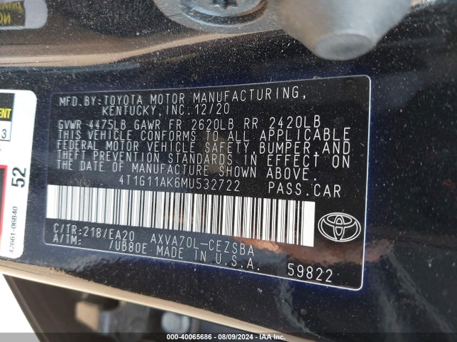 Toyota CAMRY SE 2021 4T1G11AK6MU532722 Image 9