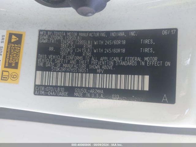 5TDKZRFH7HS518051 Toyota Highlander Xle