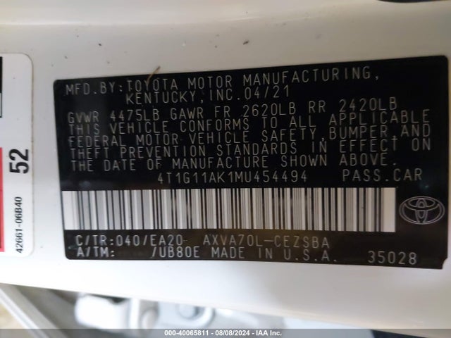 Toyota CAMRY SE 2021 4T1G11AK1MU454494 Image 9
