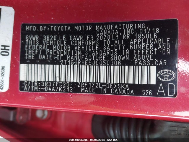 Toyota COROLLA SE 2018 2T1BURHE9JC050906 Image 9