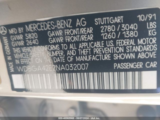 1992 MERCEDES-BENZ 400 WDBGA42E2NA032007 Photo 8