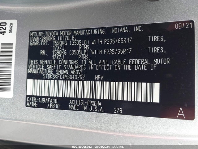 5TDKSKFC4MS040262 Toyota SIENNA LE