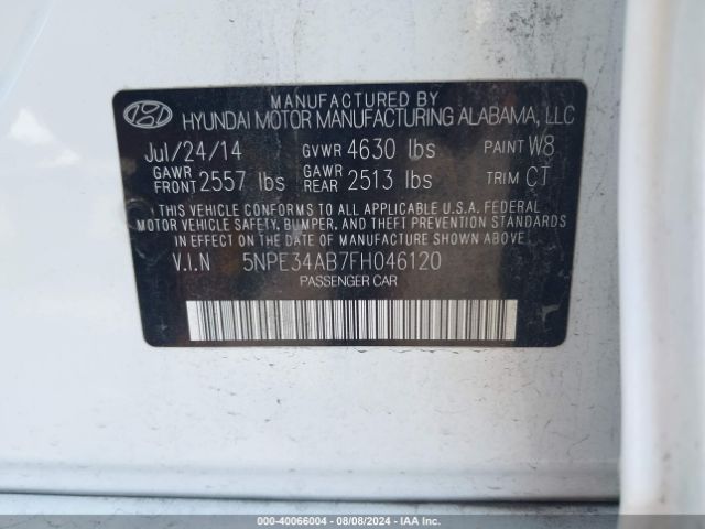 5NPE34AB7FH046120 Hyundai Sonata Sport 2.0t
