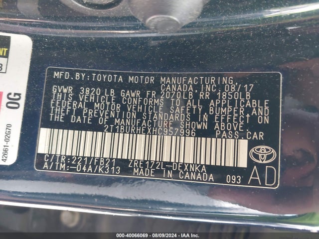 Toyota COROLLA LE 2017 2T1BURHEXHC957996 Image 9