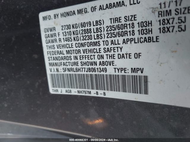 5FNRL6H77JB061349 Honda Odyssey Ex-l