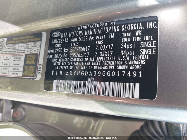 KIA Sorento 2.4l Lx 2016 5XYPGDA39GG017491 Image 9