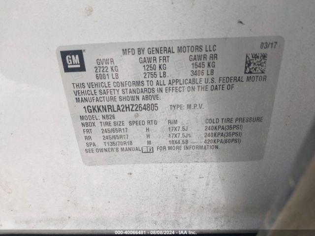 1GKKNRLA2HZ264805 GMC Acadia Sle-1