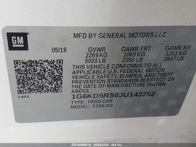 1G6KD5RS0JU143252 Cadillac CT6 LUXURY
