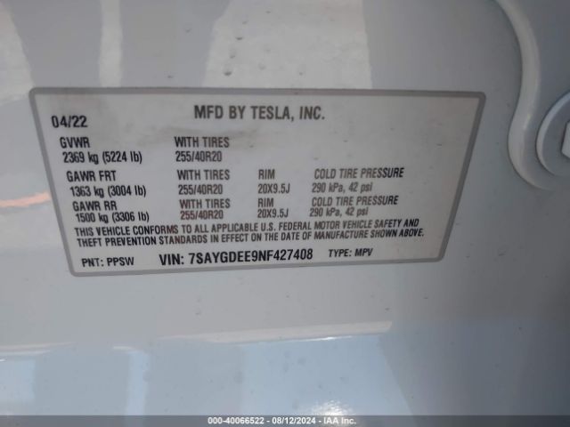 7SAYGDEE9NF427408 Tesla Model Y Long Range Dual Motor All-wheel Drive