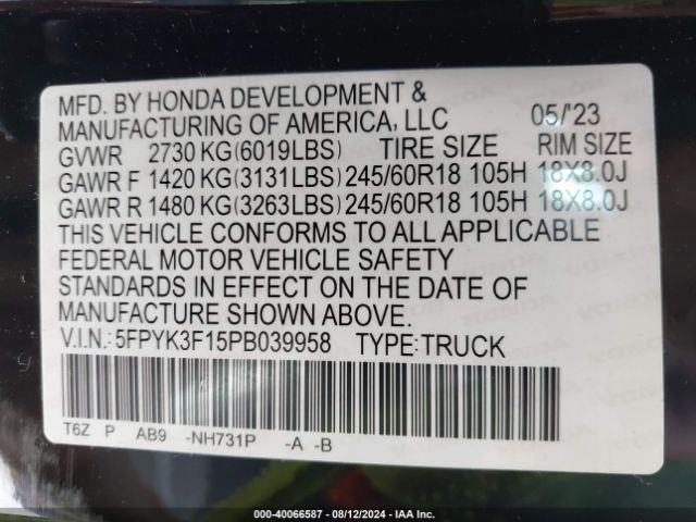 5FPYK3F15PB039958 Honda Ridgeline Sport