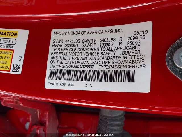 1HGCV2F35KA025597 Honda Accord Sport 2.0t