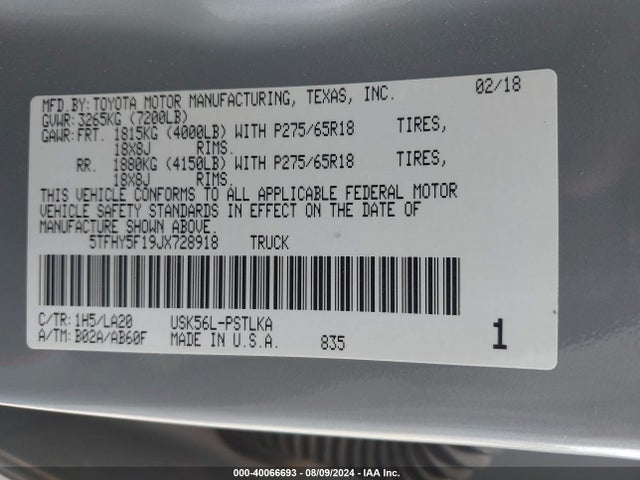 5TFHY5F19JX728918 Toyota Tundra Limited 5.7l V8