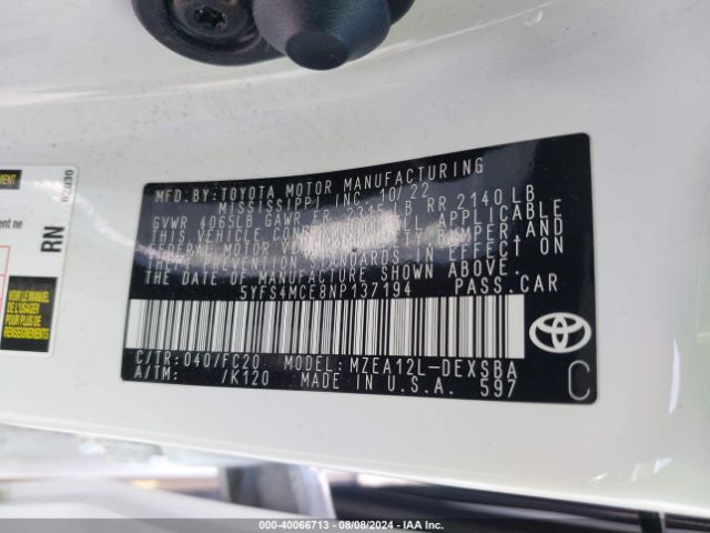 2022 TOYOTA COROLLA 5YFS4MCE8NP137194 Photo 8