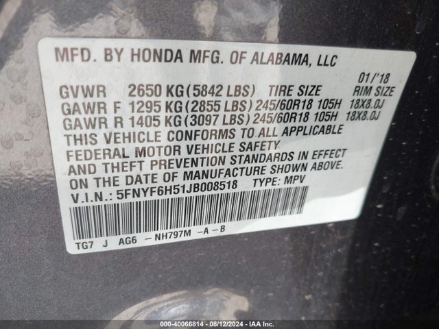 Honda Pilot Ex-l 2018 5FNYF6H51JB008518 Image 9
