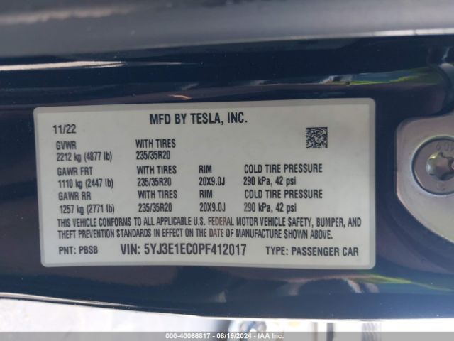 5YJ3E1EC0PF412017 Tesla MODEL 3