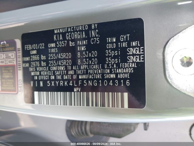 5XYRK4LF5NG104316 KIA Sorento Sx Prestige