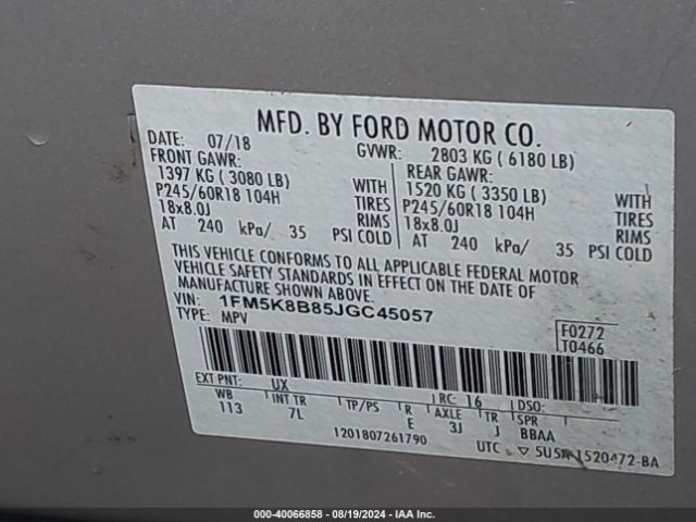 1FM5K8B85JGC45057 Ford Explorer