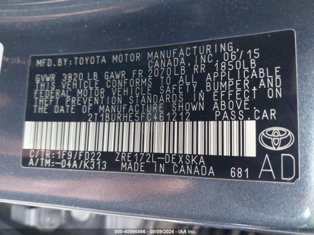 2T1BURHE5FC461212 Toyota Corolla L/le/le Pls/prm/s/s Pls