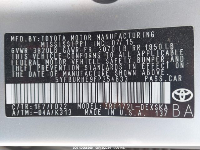 5YFBURHE9FP354633 Toyota Corolla L/le/le Pls/prm/s/s Pls