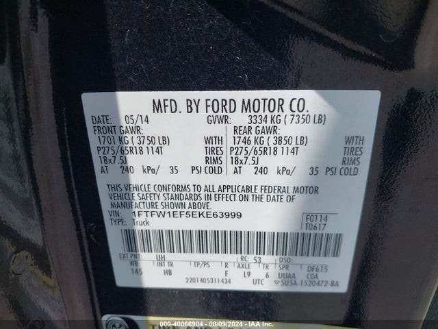 Ford F-150 Lariat 2014 1FTFW1EF5EKE63999 Image 9
