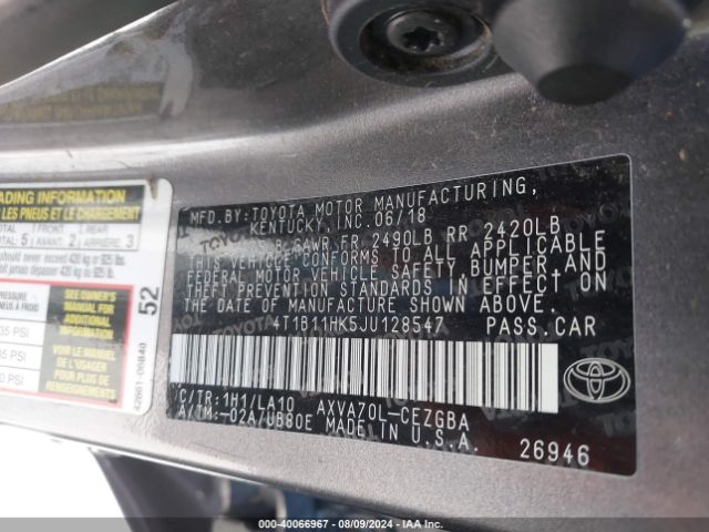 4T1B11HK5JU128547 Toyota CAMRY XLE