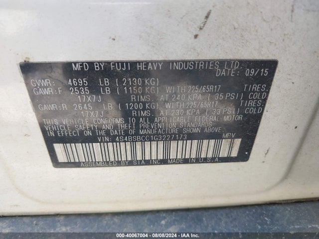 Subaru Outback 2.5i Premium 2016 4S4BSBCC1G3227173 Image 9
