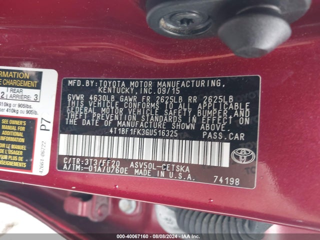 Toyota CAMRY SE 2016 4T1BF1FK3GU516325 Image 9