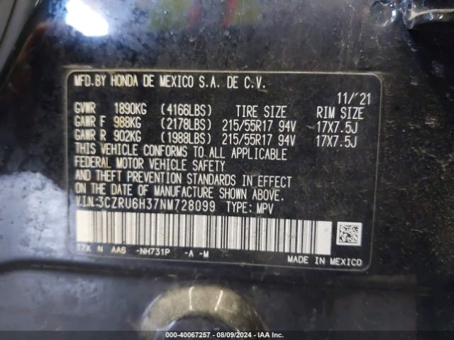 3CZRU6H37NM728099 Honda Hr-v Awd Lx
