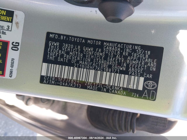 2T1BURHE7KC188171 Toyota COROLLA LE