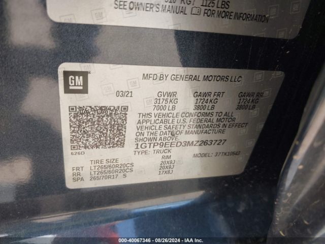 1GTP9EED3MZ263727 GMC Sierra 1500 4wd  Short Box At4