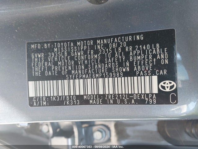 Toyota COROLLA LE 2021 5YFEPMAE6MP159989 Image 9