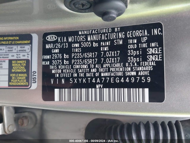 KIA Sorento Lx V6 2014 5XYKT4A77EG449759 Image 9