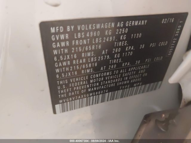 WVGBV7AX5GW588074 Volkswagen TIGUAN S