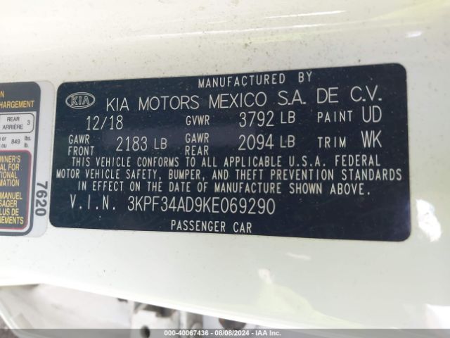3KPF34AD9KE069290 KIA FORTE S