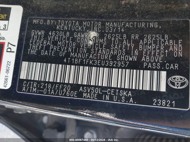 Toyota CAMRY SE 2014 4T1BF1FK3EU392957 Image 9