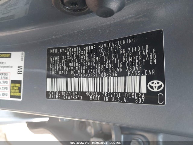 Toyota COROLLA LE 2020 5YFEPRAE9LP085236 Image 9