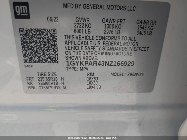 1GYKPAR43NZ166929 Cadillac Xt6 Fwd Luxury