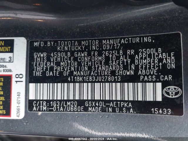 4T1BK1EB3JU278013 Toyota AVALON LIMITED
