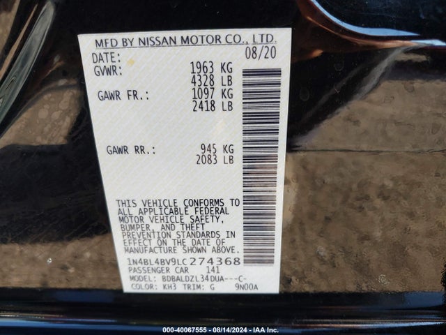 1N4BL4BV9LC274368 Nissan Altima S Fwd