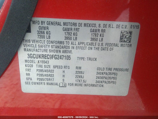 Chevrolet Silverado 1500 1lt 2015 3GCUKREC9FG247105 Image 9